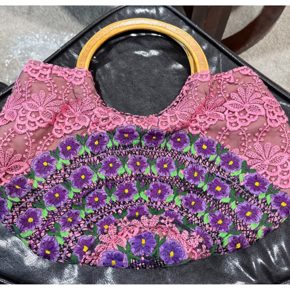 Pink Lace Floral Embroidered Hobo Bag with Wooden Ring Handles Purple Flowers